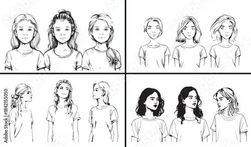 Female Portrait Vector, Woman Face Illustration, Line Art People Design, Hand Drawn Female Sketch, Minimal Portrait Drawing, Fashion Illustration Art, Woman Character Set, Face Outline Collection, Mod