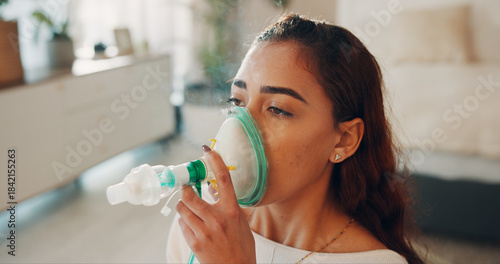 Schilderij op canvas Sick, woman and breathing with nebulizer in bedroom for asthma, chronic illness or respiratory aid