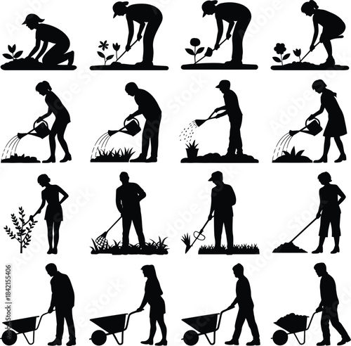 Gardening activities silhouettes icon set