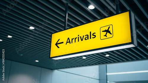 Yellow illuminated arrivals sign with airplane icon and directional arrow in airport terminal