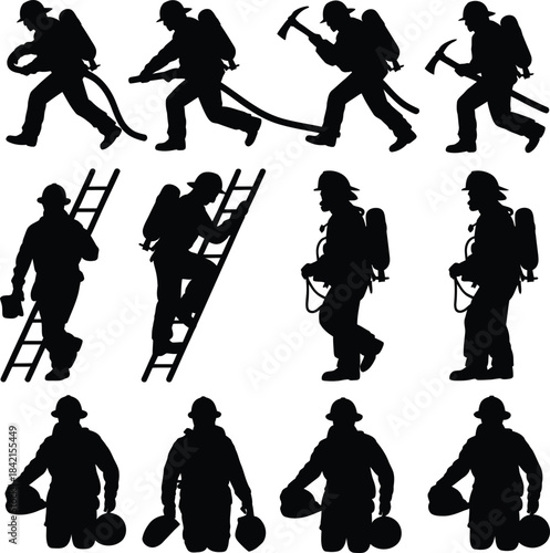 Firefighter silhouettes collection in various action poses