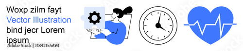 Healthcare, time tracking, digital technology, productivity, innovation, cardiovascular health. Woman holding a gear, clock and a heart with heartbeat symbol. Healthcare and time tracking