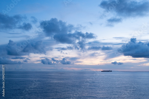Container ship with lights on at sunset