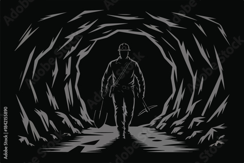 A determined miner exits a shadowy cave holding essential tools like a shovel and pickaxe