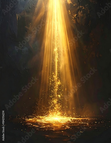 Dramatic view of luminous beams of golden light pouring downwards