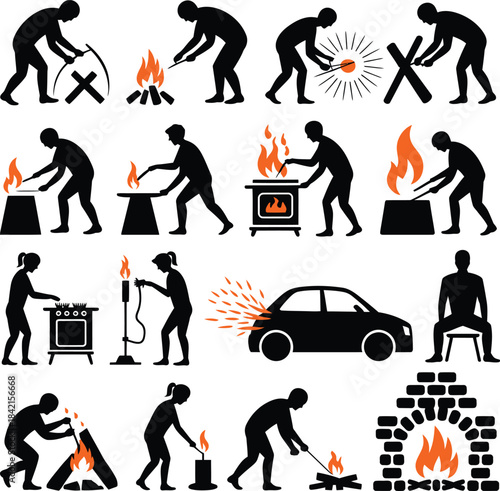 Fire and heat activities silhouettes vector icons collection