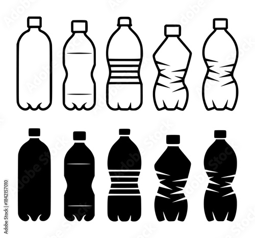 Black and white line and silhouette plastic bottle in various shapes and compression states