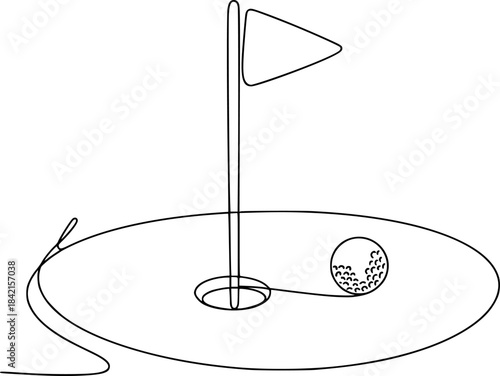 Black and white line of a golf hole with flag and golf ball on green