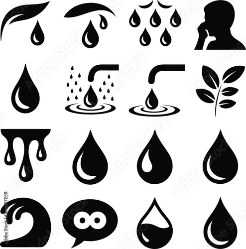 Black and white water drop icon set