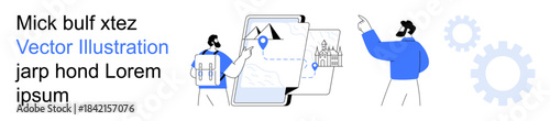 Travel planning, location services, technology, navigation, maps, and mobile apps. Abstract characters interact with a mobile map showing a location pin and landmarks. Travel planning and location