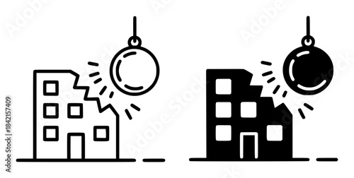 Black and white line of wrecking ball demolishing buildings demolition structure