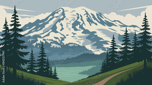 Majestic Mount Rainier National Park Landscape Illustration