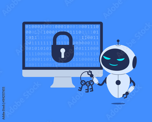 AI robot with encryption keys. Vector illustration  for cybersecurity awareness, articles, presentations