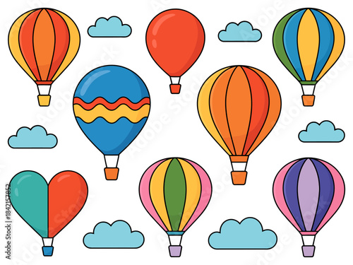 Colorful hot air balloons and fluffy clouds on a white background