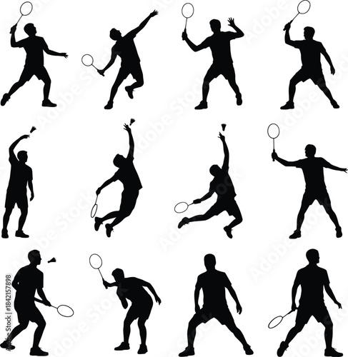 Badminton player silhouettes in dynamic poses set