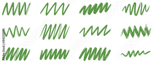 Handdrawn green wavy lines brush strokes on white background twelve variations