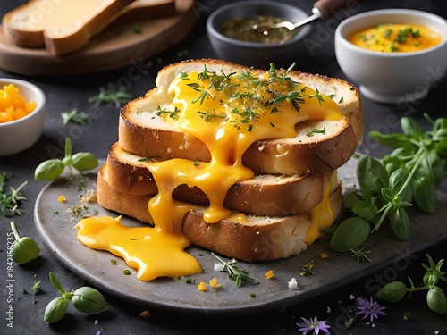 homemade toast with cheese sauce and herbs.