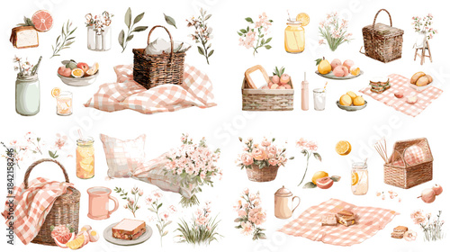 Watercolor picnic illustration set with baskets bread flowers drinks and cozy outdoor elements arranged as collection perfect for lifestyle branding summer decor and food themed design.