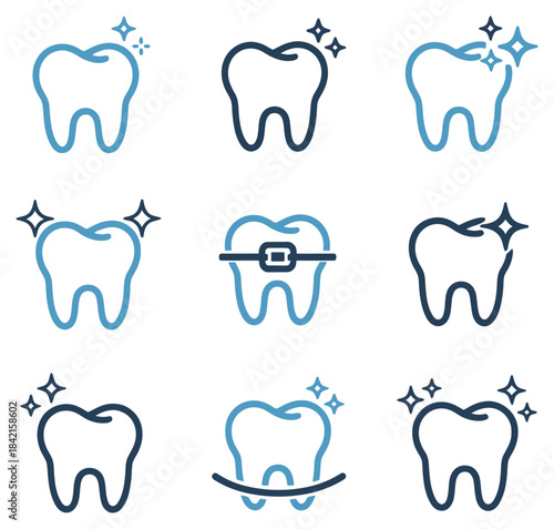 Seven Sparkling Teeth in Blue Tones with Orthodontic Variations dark light