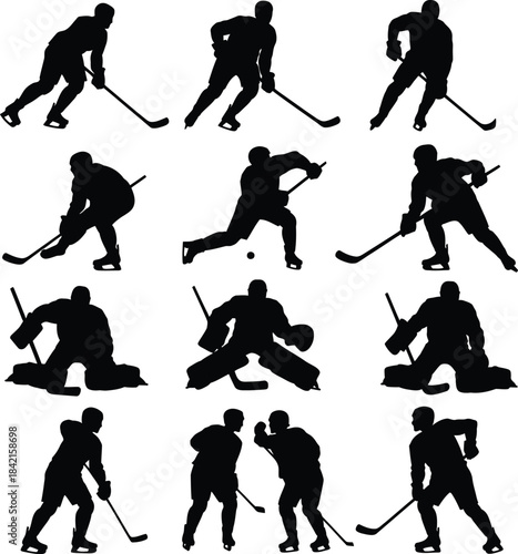 Ice hockey player and goalie silhouettes vector collection