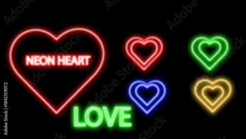 Neon heart suit icon. Glowing neon hearts sign, outline card suit symbol and silhouette