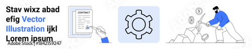 Hand signing a contract, gear representing process setup, and man mining with dollar signs. Ideal for business, contract, teamwork, productivity, industry, finance simple landing page