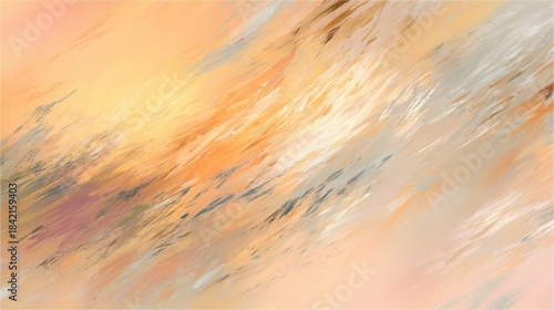 An abstract painting with flowing brush strokes in warm orange, pink, and beige hues,