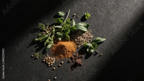 Culinary Herbs and Spices on Dark Surface with Dramatic Lighting.