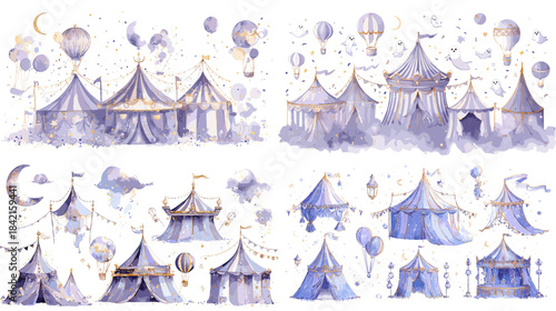 Watercolor fantasy village illustration set featuring whimsical circus tents and fairytale buildings under soft skies ideal for storytelling backgrounds children decor and magical scenes.