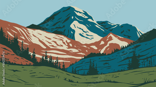 Majestic Mountain Range Landscape, Vintage Travel Poster Art Illustration Vector