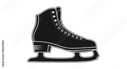 A striking black and white depiction of a single ice skate with detailed lacing silhouette