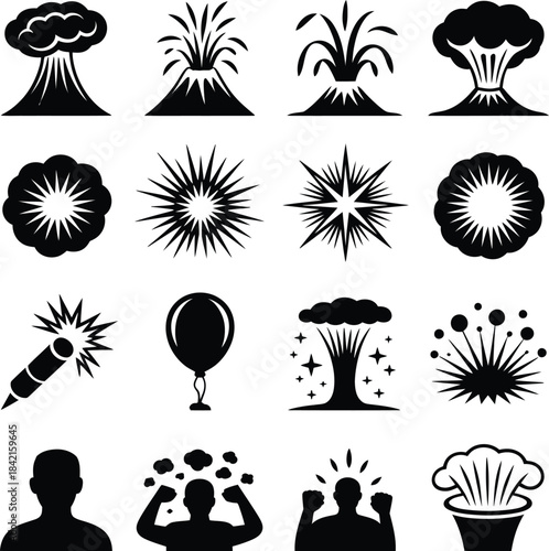 Explosion and eruption black and white icons set