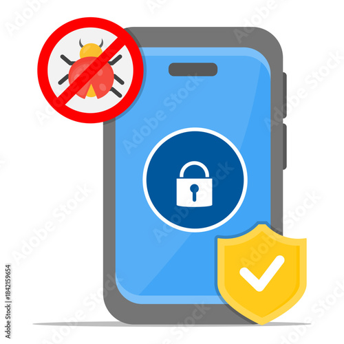 Smartphone secure from bugs and viruses with lock and shield. Suitable for cybersecurity concepts, technology blogs, antivirus software promotions, mobile security services.