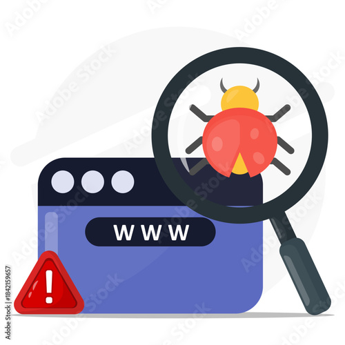 Web page bug under a magnifying glass icon, ideal for tech blogs, cybersecurity websites, or digital design concepts and presentations.