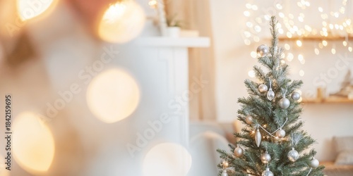 Christmas tree adorned with ornaments and sparkling lights, perfect for holiday sales promotion
