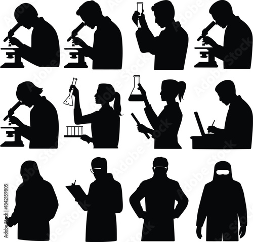 Diverse scientists and researchers silhouettes set