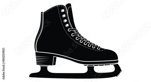 A striking black and white illustration of a classic ice skate detailed design silhouette
