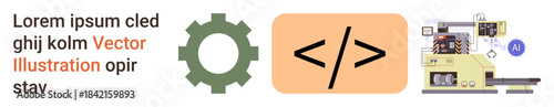 Coding, software development, technology, automation, innovation, tech applications. Gear icon, code symbol and complex machine design. Coding and software development concepts