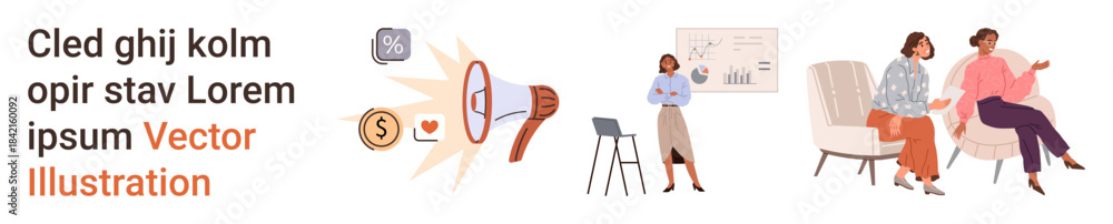 Fototapeta premium Marketing strategies, corporate teamwork, leadership, public speaking, business consulting, financial growth. Visual of people discussing and presenting. Marketing strategies and corporate teamwork