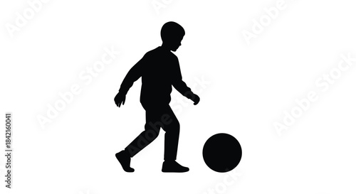 A dynamic image showcasing a boy in motion playing with a soccer ball silhouette