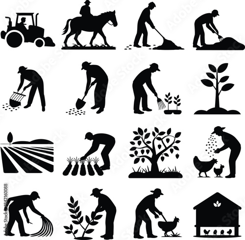 Farming and agriculture silhouettes icon set