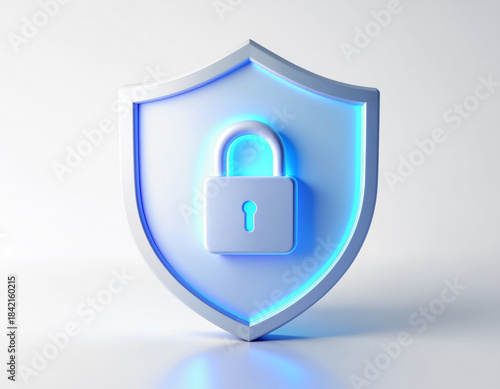 Wallpaper Mural 3D Shield with Padlock Icon—white glossy design with glowing blue light, symbolizing cybersecurity and data protection. Torontodigital.ca
