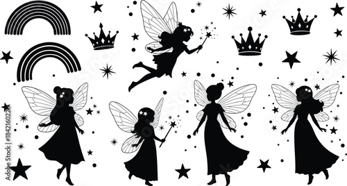 Black silhouette fairies crowns rainbows and stars graphic elements fairy silhouette