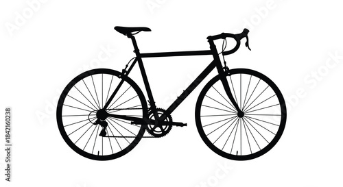 A striking black road bike illustration detailing its components in a minimalist silhouette
