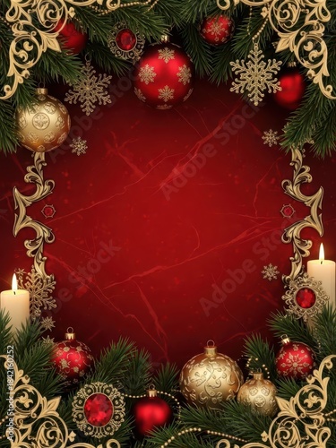 Background Ornate Christmas frame with red background, candles, and ornaments.