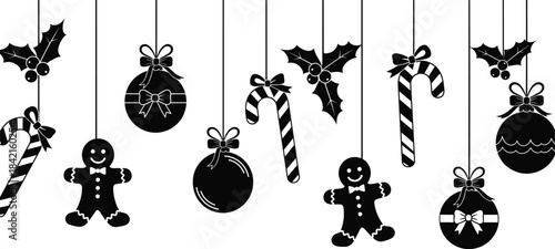 Black silhouette Christmas ornaments candy canes gingerbread men holly berries hanging on white background