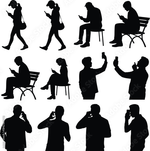 Silhouettes of people using smartphones in various poses