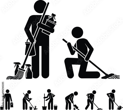 Black silhouette figures cleaning with mops buckets spray bottles and broom cleaner
