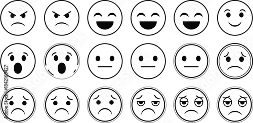 Collection of black and white emoji faces showing various emotions like anger happiness surprise and sadness
