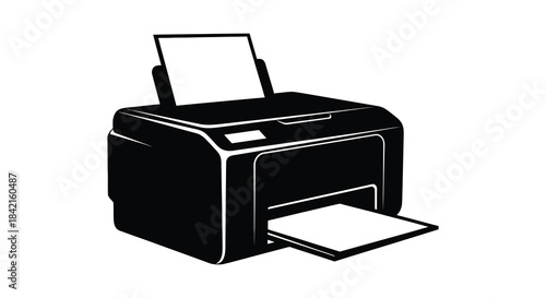 A stark black and white illustration of a modern printer with paper a simple silhouette
